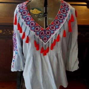 Chicos size 0 tassled embroidered and pintucked blouse.
